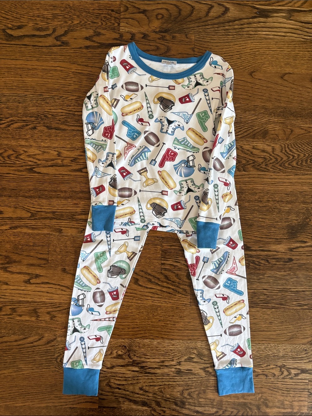 Kids White Sports-Print Pajama Set with Blue Trim